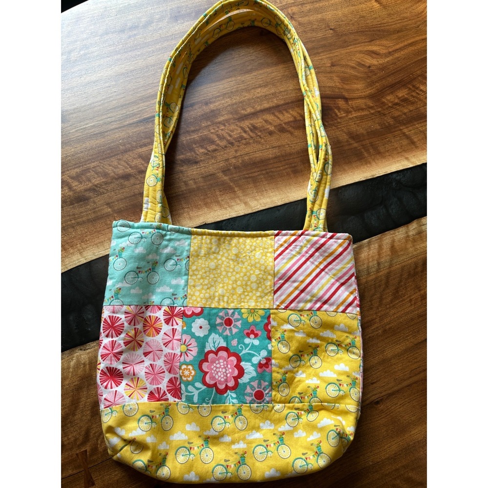 Handmade Reversible Patchwork Tote Bag Multicolor Quilted Bicycle Floral Boho‎